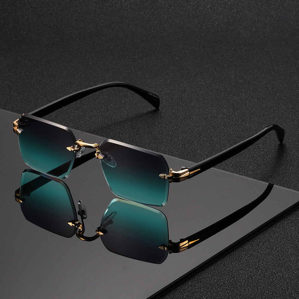 Stylish men's rimless glasses featuring a minimalist square gold design.