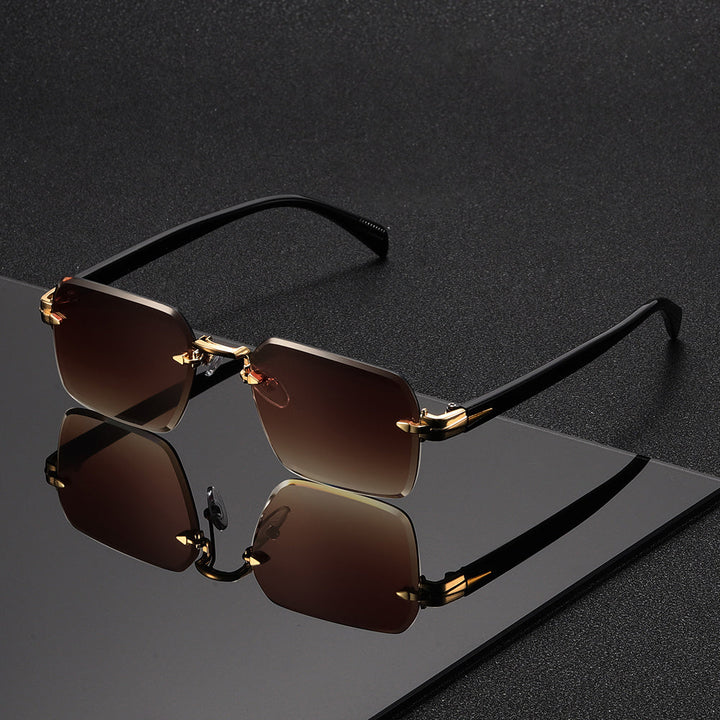 Versatile rimless square gold frame glasses suitable for prescription or reading.