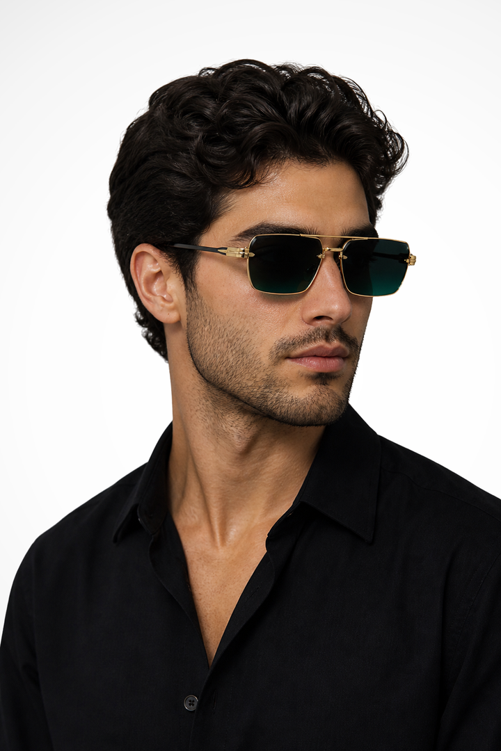 Men's rimless sunglasses with elegant gold bridge & stylish gradient lenses. Modern, luxury eyewear.