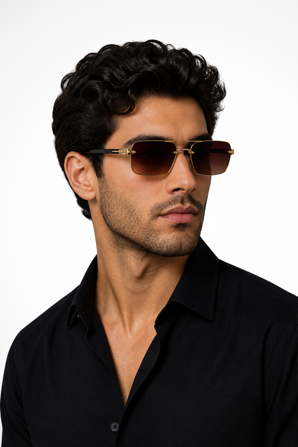 Protective men's rimless sunglasses. Features a sleek gold bridge & versatile gradient lenses.