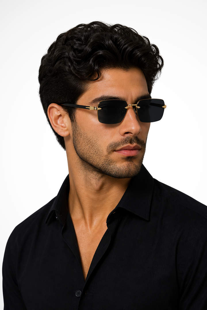Luxury men's rimless sunglasses, featuring a refined gold bridge & fashionable gradient lenses.