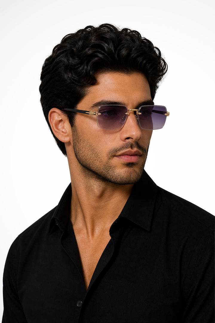 Stylish men's eyewear: rimless sunglasses with a sophisticated gold bridge & gradient lenses.