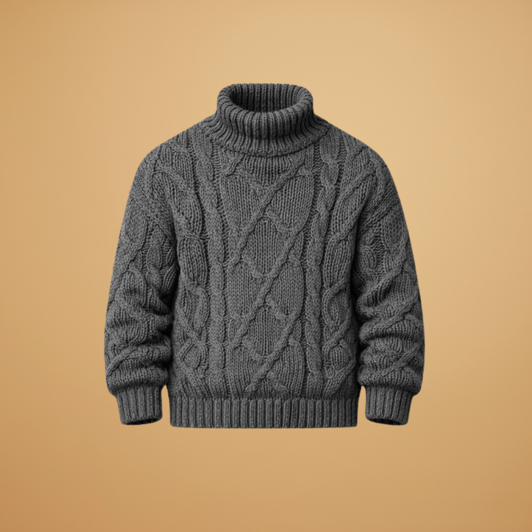 Men's roll neck cable knit jumper, a warm and stylish winter sweater. Perfect for cozy everyday wear.