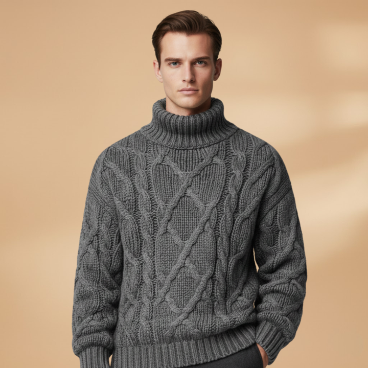 Stylish men's cable knit pullover with a cozy roll neck, ideal for autumn & winter fashion.