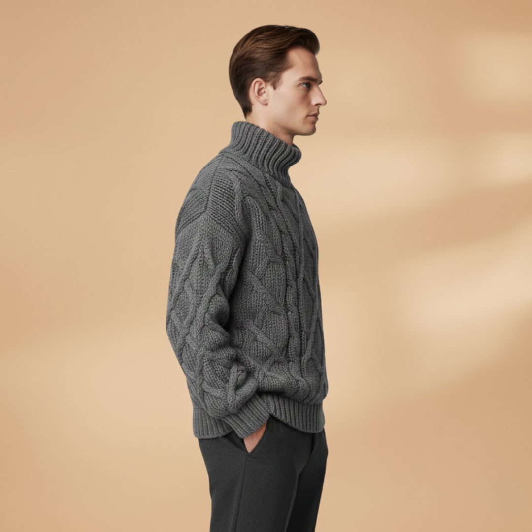 Warm men's roll neck sweater featuring classic cable knit texture, a must-have for winter.
