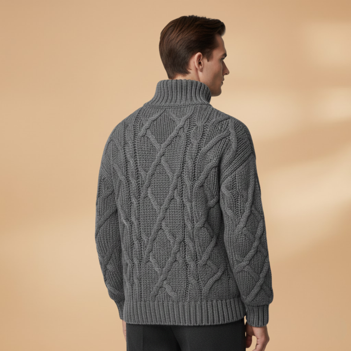 Fashionable men's knitwear: a comfortable roll neck cable knit jumper, great for stylish layering.