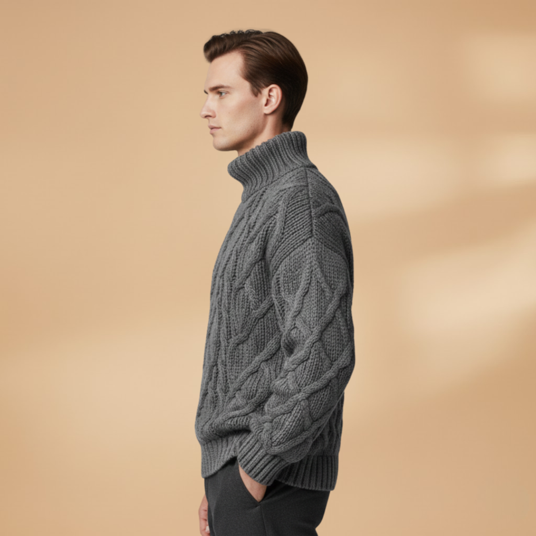 Cozy men's cable knit pullover with a high roll neck, showcasing a timeless knitted design.