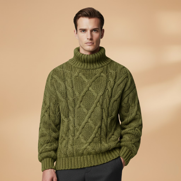 Versatile men's winter jumper, a warm roll neck cable knit top for everyday style and comfort.
