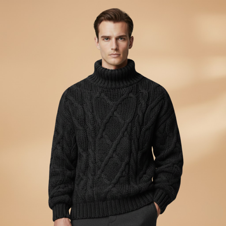 Classic men's cable knit roll neck sweater, offering warmth & sophisticated menswear style.