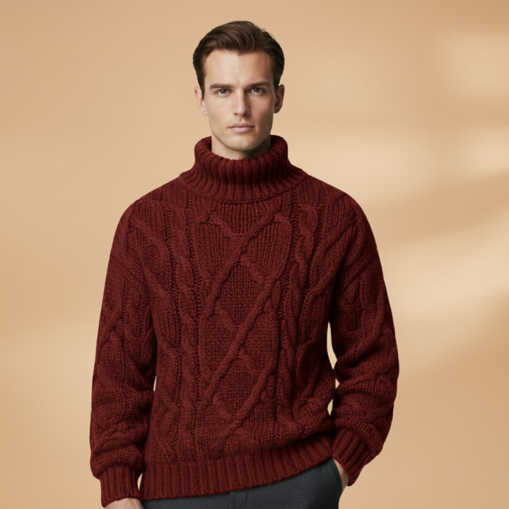 Stylish & warm men's roll neck jumper with intricate cable knit patterns, perfect for cold days.