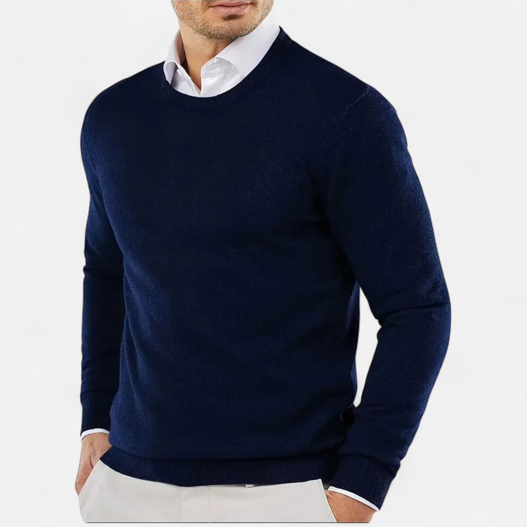 A man's casual outfit featuring a stylish round neck knit sweater
