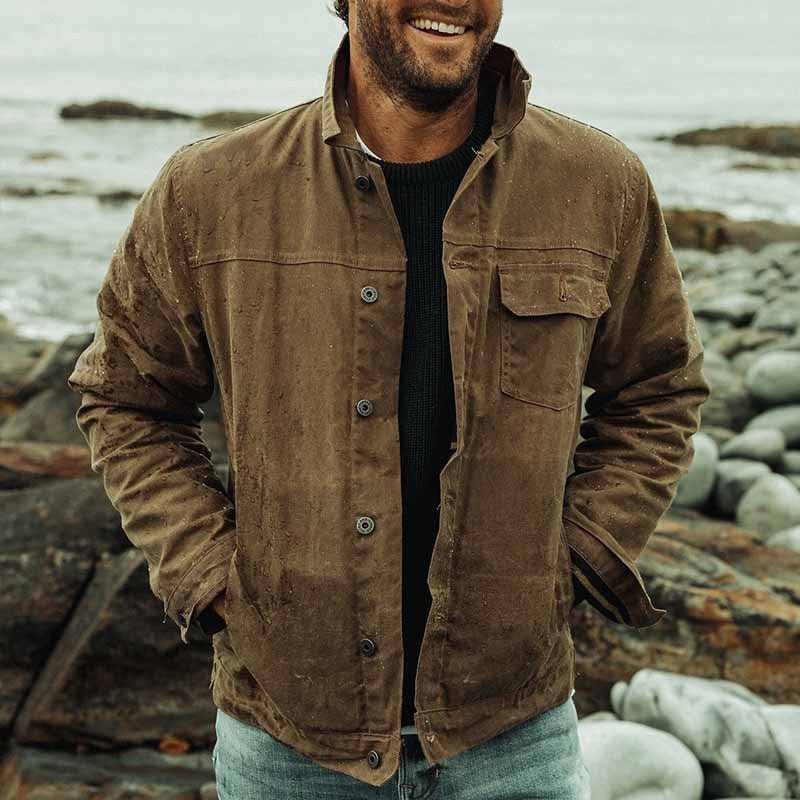 Versatile men's utility jacket, perfect for fall fashion. Rugged brown outerwear with practical design for casual style.
