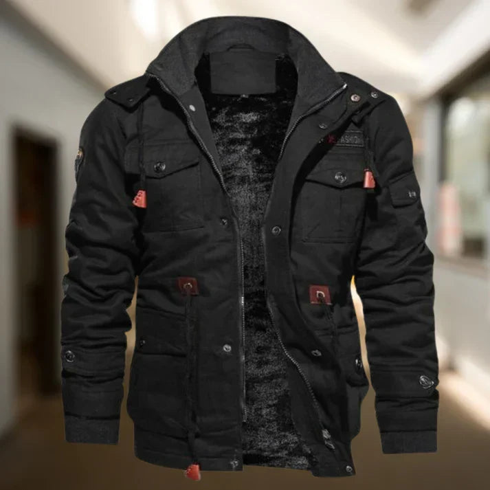 Men's rugged hooded military jacket with button-down front, ideal for casual all-season outerwear.