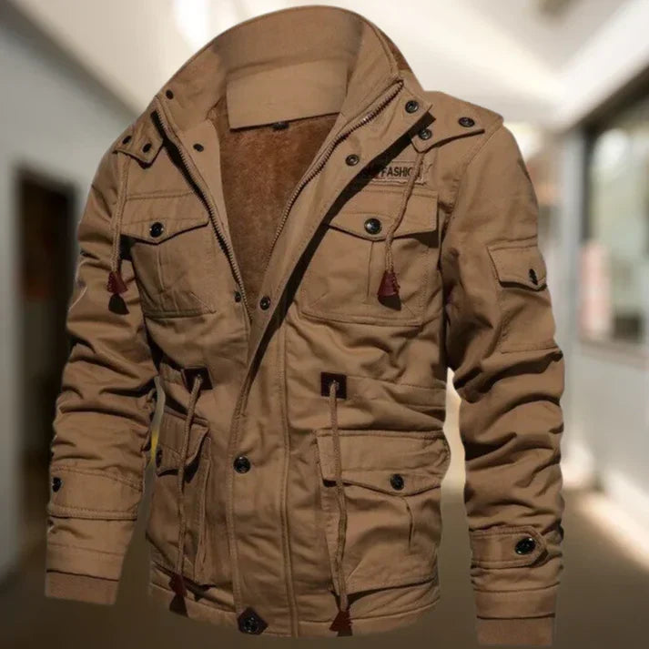 Versatile men's hooded military jacket, casual button-down outerwear for year-round style & comfort.