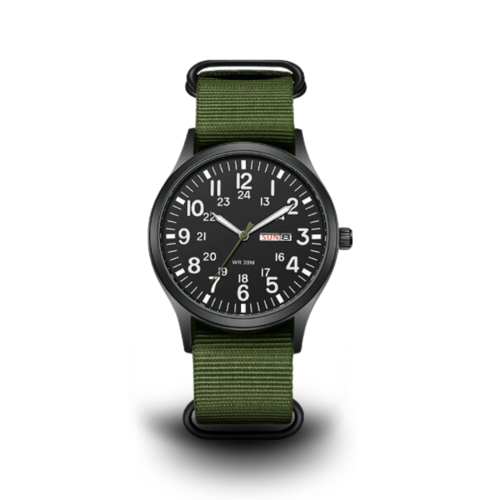 Men's rugged military-style outdoor watch with water-resistant features.