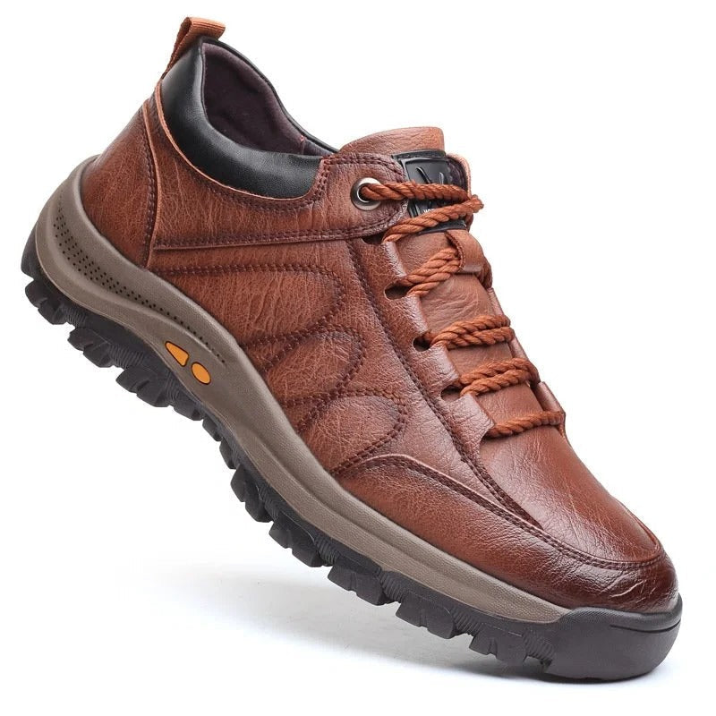 Brown men's rugged textured low-top lace-up shoes; durable casual footwear for everyday style.