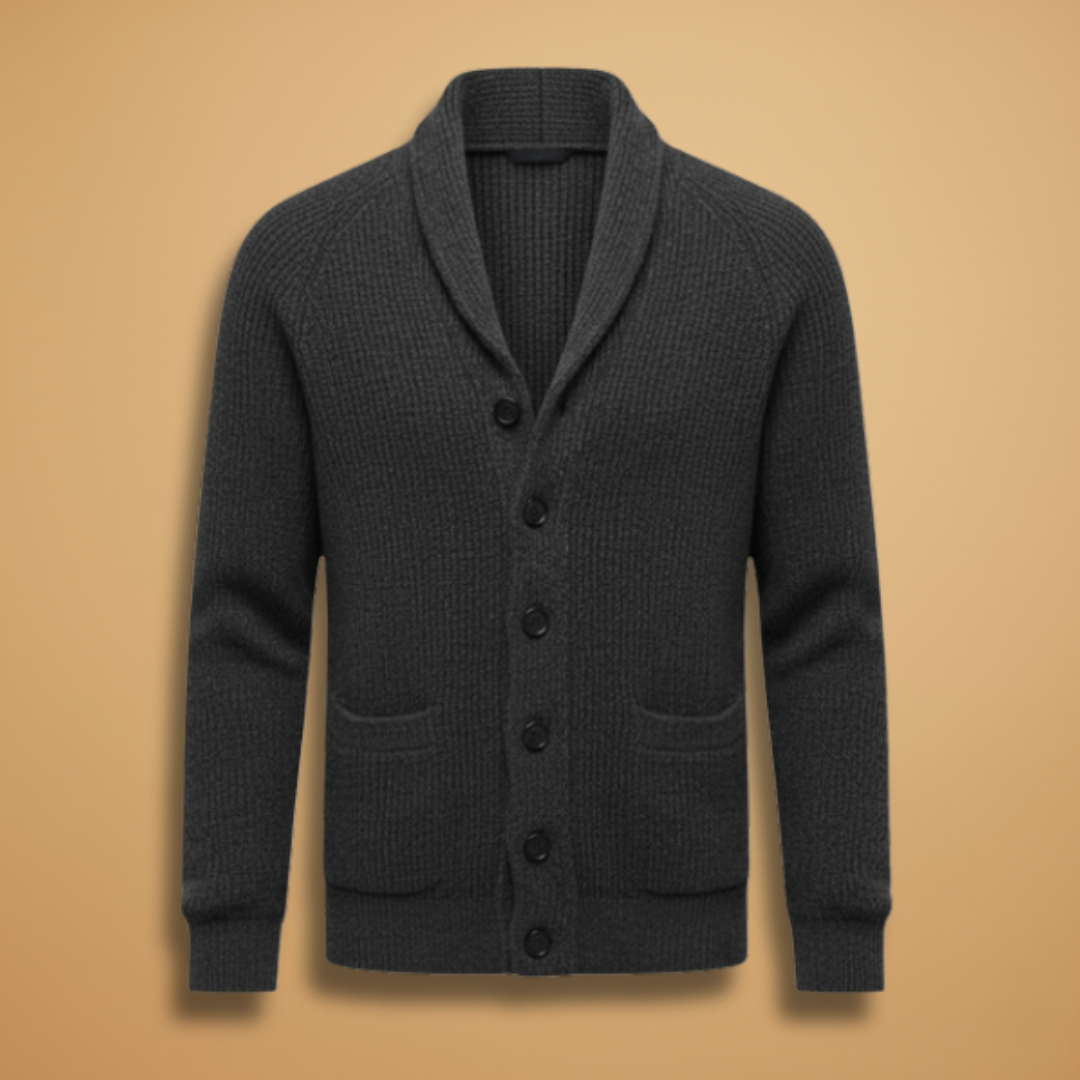 Men's shawl collar button-front cardigan sweater in grey marl