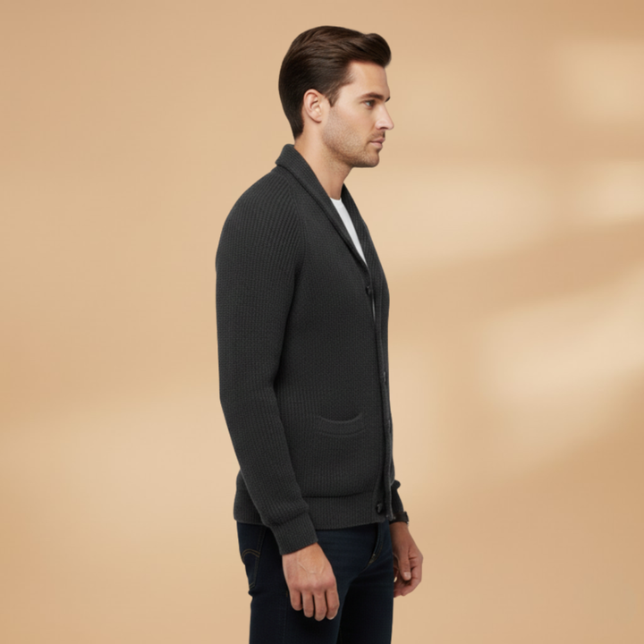 Man wearing a casual men's button-front cardigan sweater for warmth