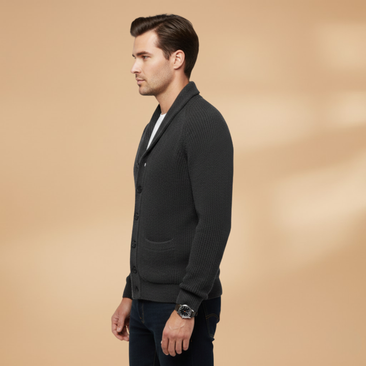 Detailed view of wooden buttons on a men's button-front cardigan sweater