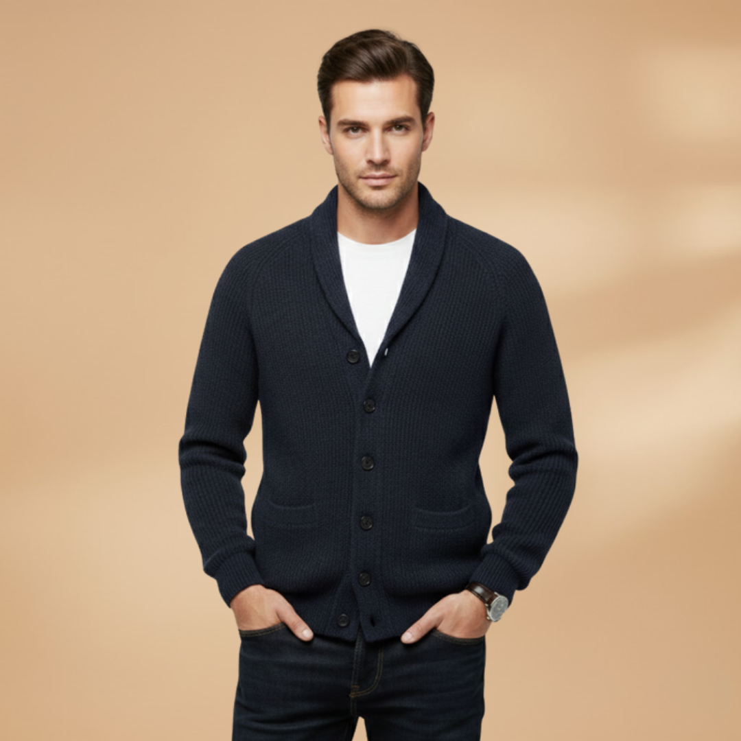 Model showcasing the relaxed fit of a men's knit cardigan sweater