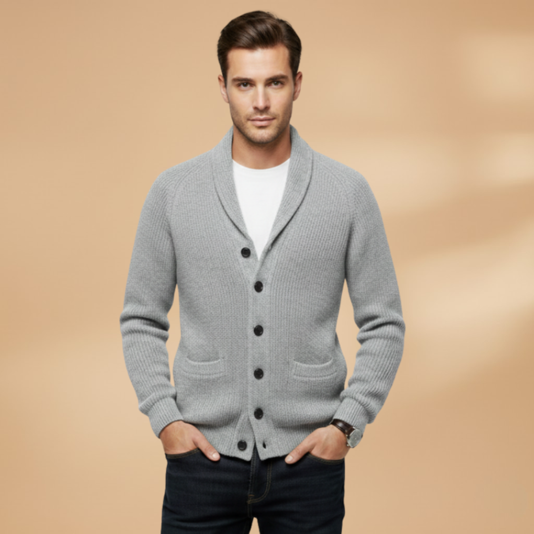 Complete outfit featuring a men's shawl collar button-front cardigan