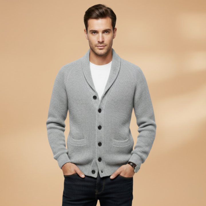 Complete outfit featuring a men's shawl collar button-front cardigan