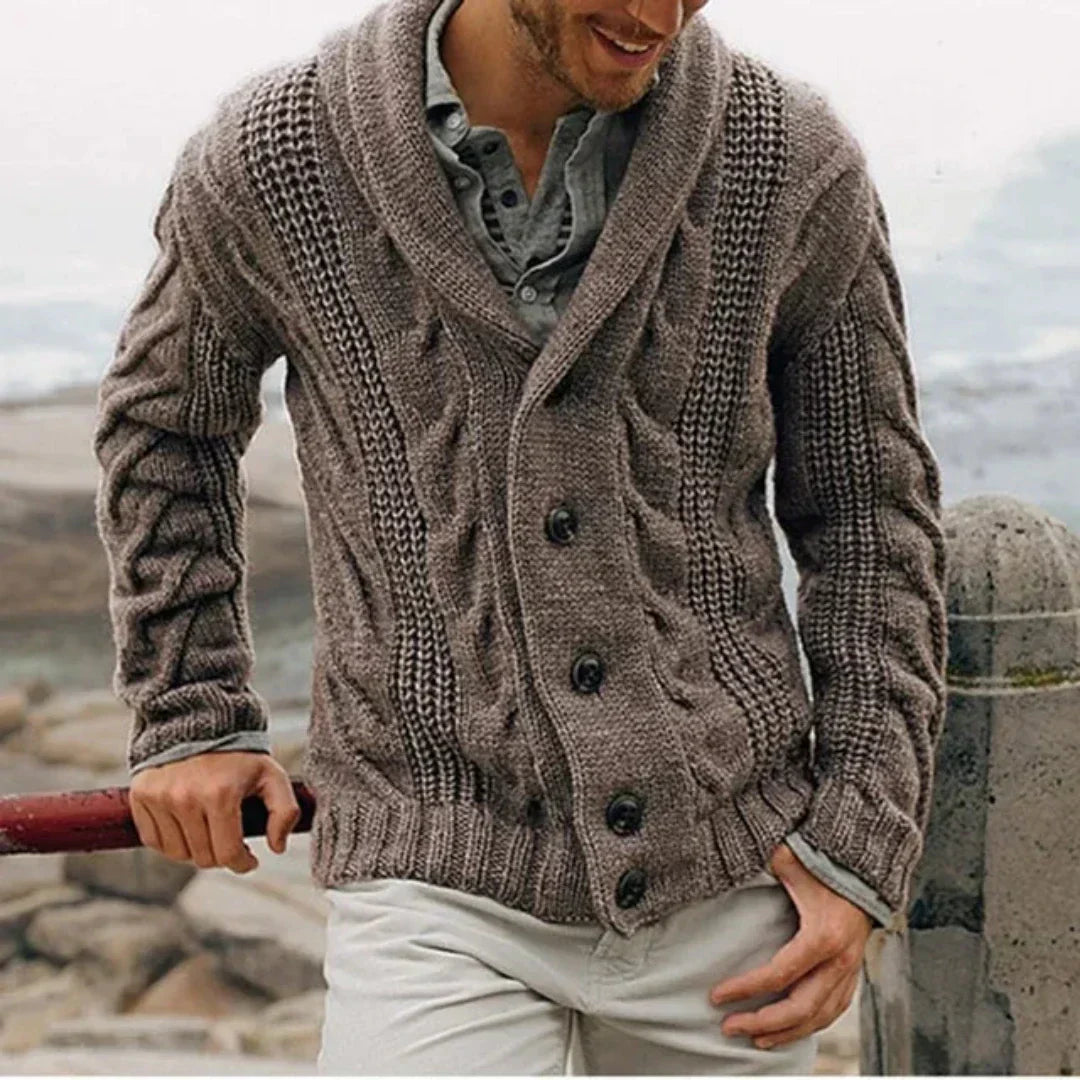 Cozy long sleeve men's cardigan sweater with classic cable knit texture.