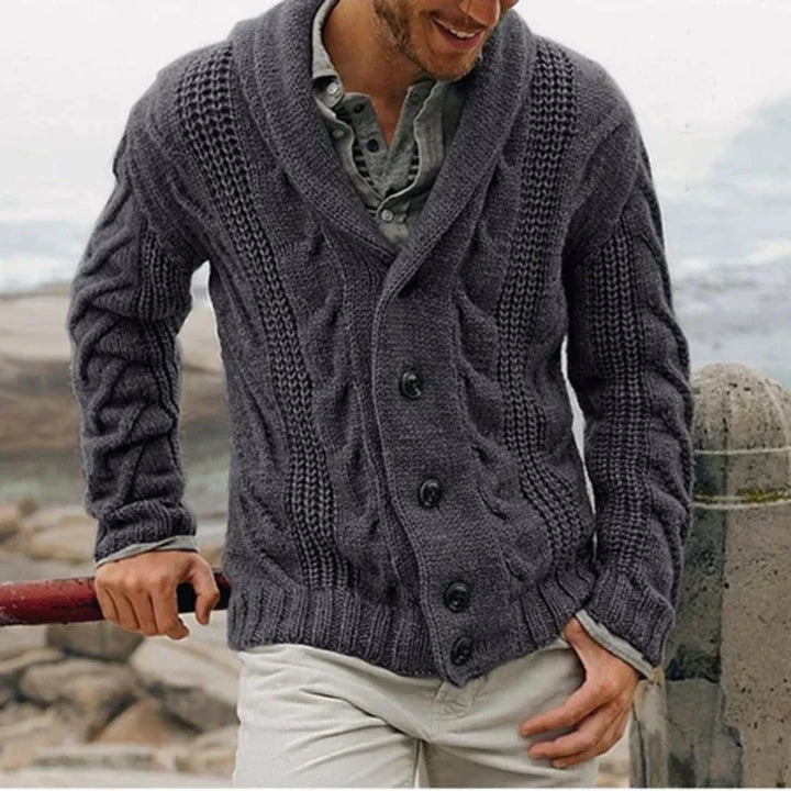 Stylish men's casual jacket featuring a shawl collar and durable cable knit.