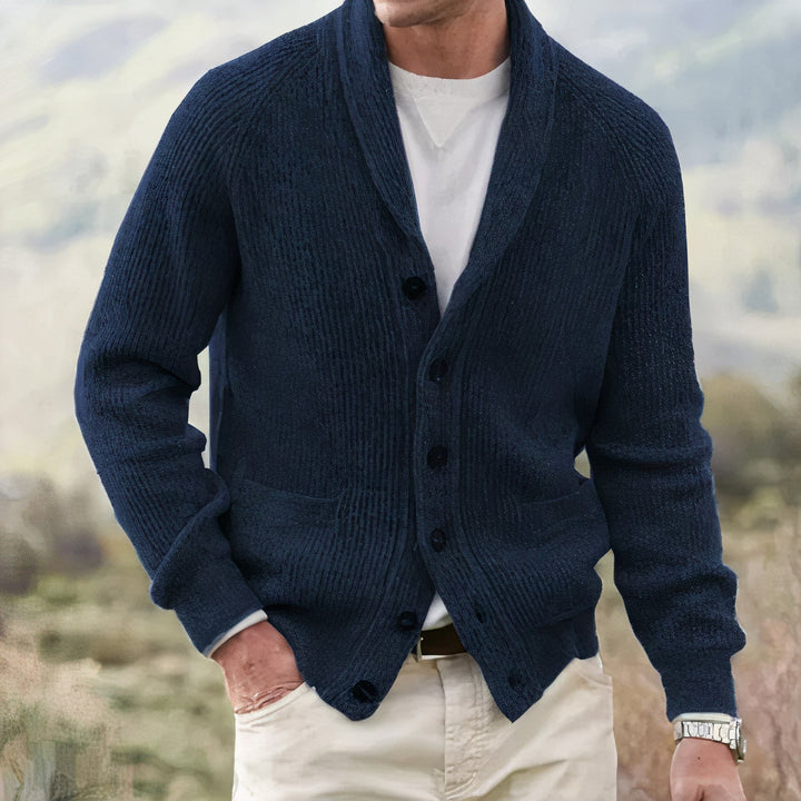 Men's shawl collar cardigan sweater with button front, perfect for layering.