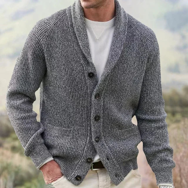 Stylish mens knitwear: a classic button-front cardigan with a sophisticated shawl collar.