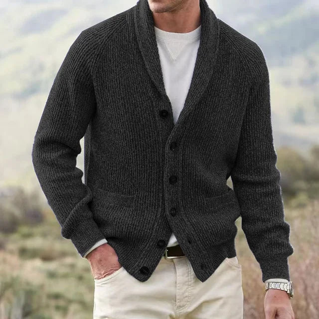 Smart casual outfit idea featuring a mens button-front knit cardigan with shawl collar.
