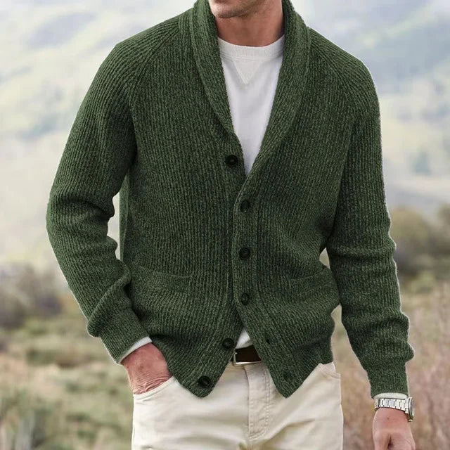 Cozy and stylish men's shawl collar cardigan sweater, ideal for cool weather layering.