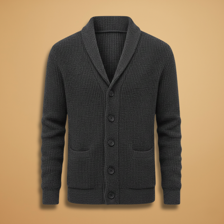 Men's shawl collar cardigan with classic button front closure