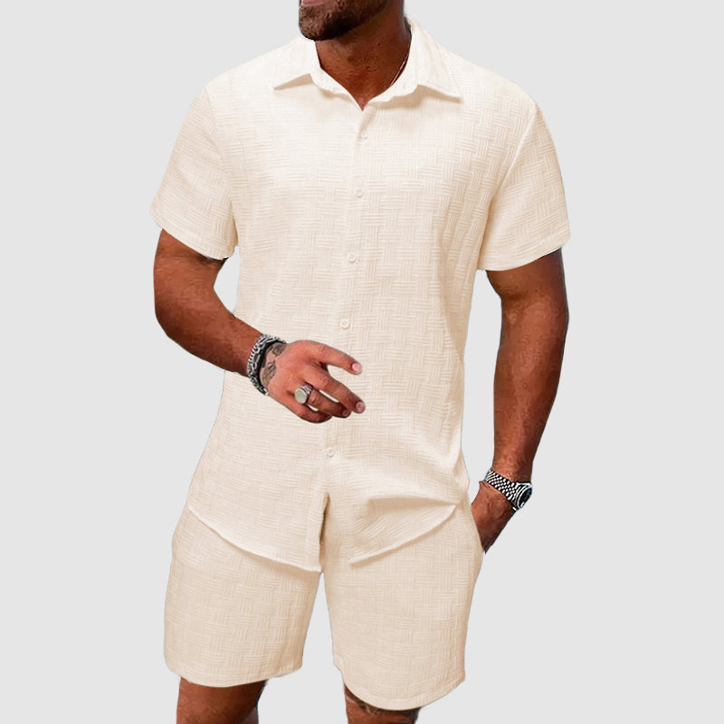 Men's short sleeve button-down shirt and shorts set in summer style