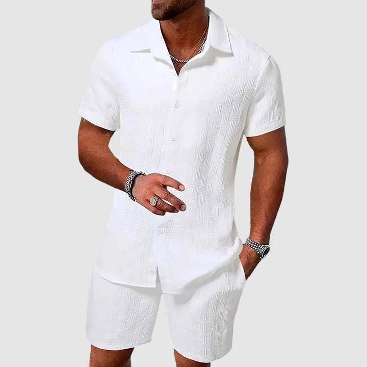 Casual two-piece set for men featuring a short sleeve shirt and shorts