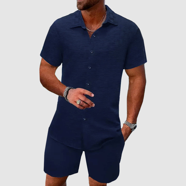 Men's summer outfit: relaxed fit button-down shirt with matching shorts
