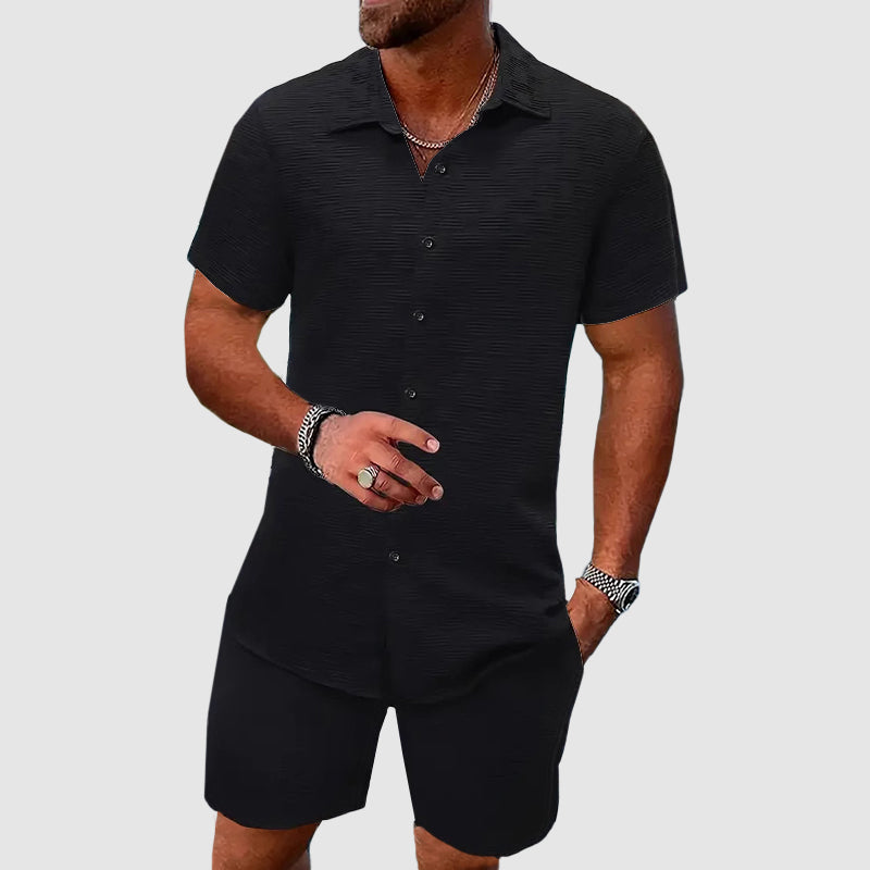 Stylish men's vacation wear, a short sleeve button-down and shorts set