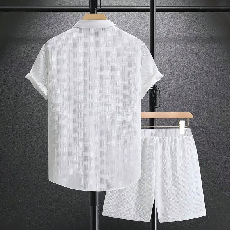Two-piece men's summer fashion: short sleeve shirt and shorts outfit