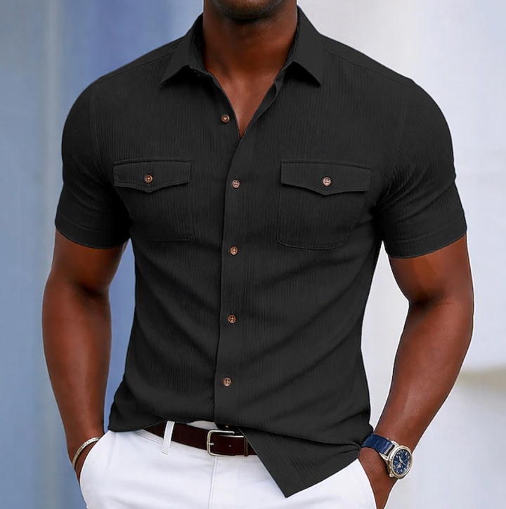 Stylish men's short sleeve button-up shirt, modern & comfortable for versatile everyday & summer fashion.