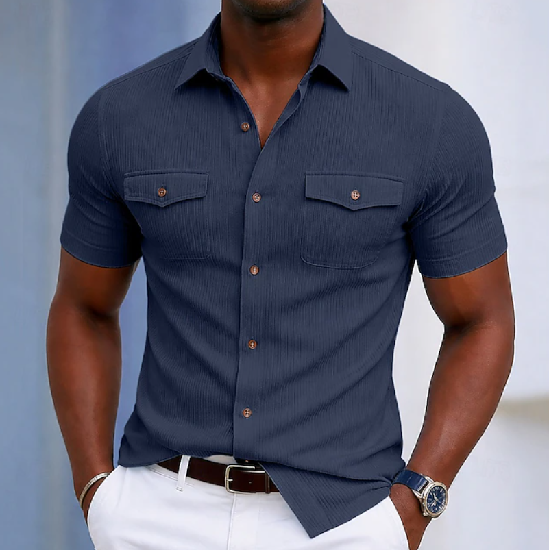 Men's versatile short sleeve button shirt with pocket, lightweight & comfy for casual summer everyday wear.