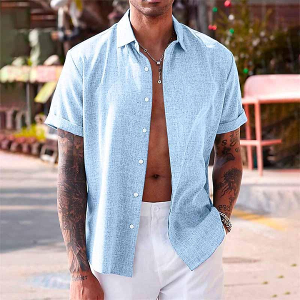 Casual open collar men's linen shirt with short sleeves, designed for ultimate summer breathability.