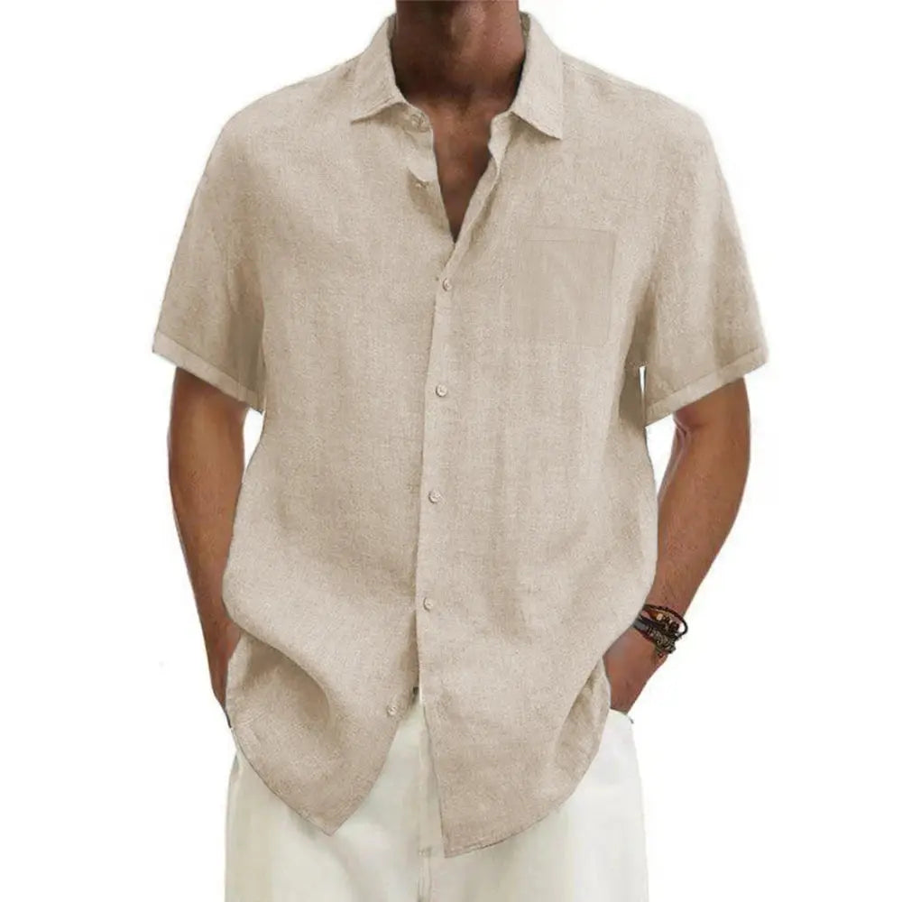 Men's short sleeve linen shirt with a classic collar. Breathable summer casual wear.