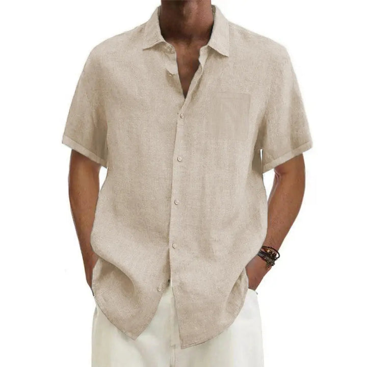 Men's short sleeve linen shirt with a classic collar. Breathable summer casual wear.