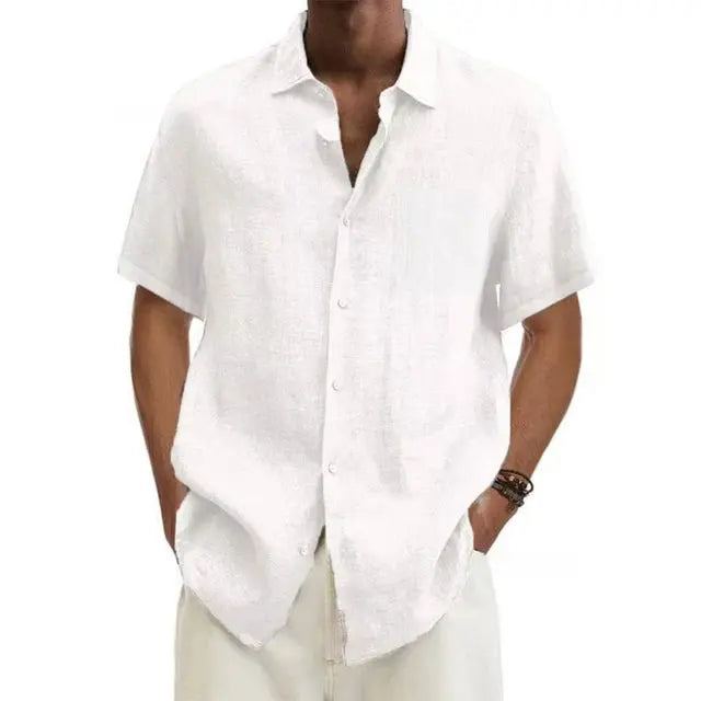 Men's casual short sleeve button-down linen shirt with classic collar. Lightweight & breathable.