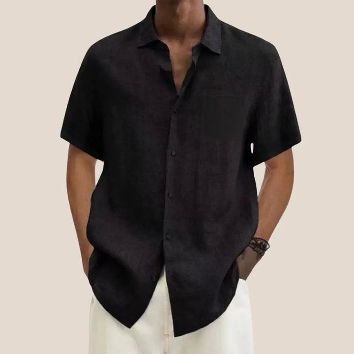 Breathable lightweight men's short sleeve linen shirt with a classic collar for summer comfort.