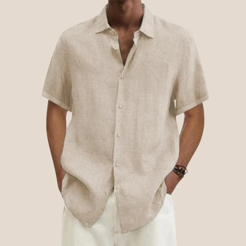 Men's lightweight linen short sleeve button-down shirt. Features a timeless classic collar.