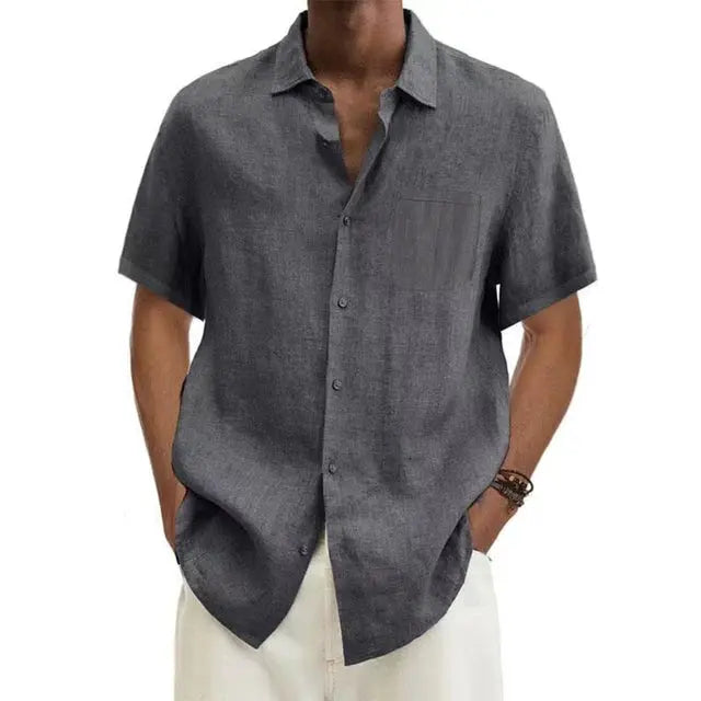 Modern men's short sleeve linen shirt with a classic collar. Perfect for vacation & warm weather.