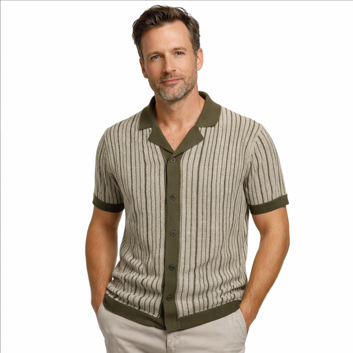 Men's short sleeve polo shirt with vertical stripes, button-up design. Ideal for smart casual summer fashion.