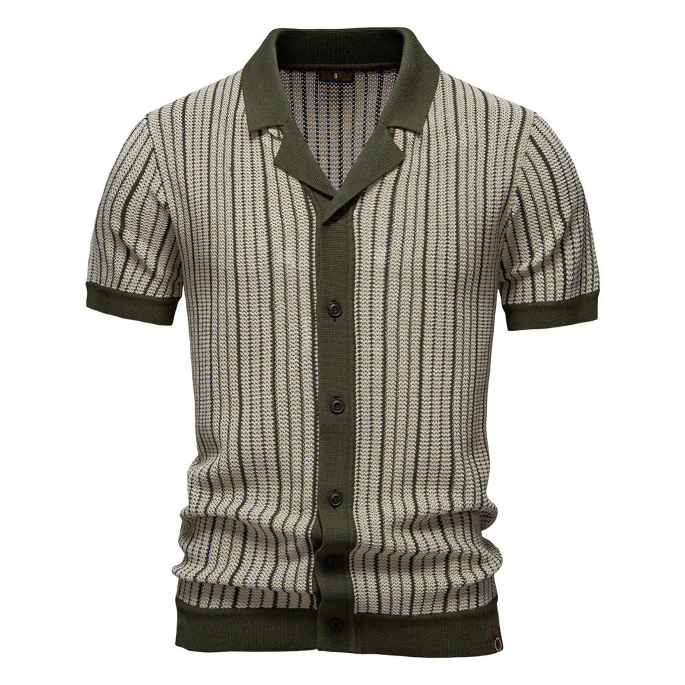 Stylish green/brown men's vertical stripe polo shirt. Short sleeve casual button-up top for summer style.