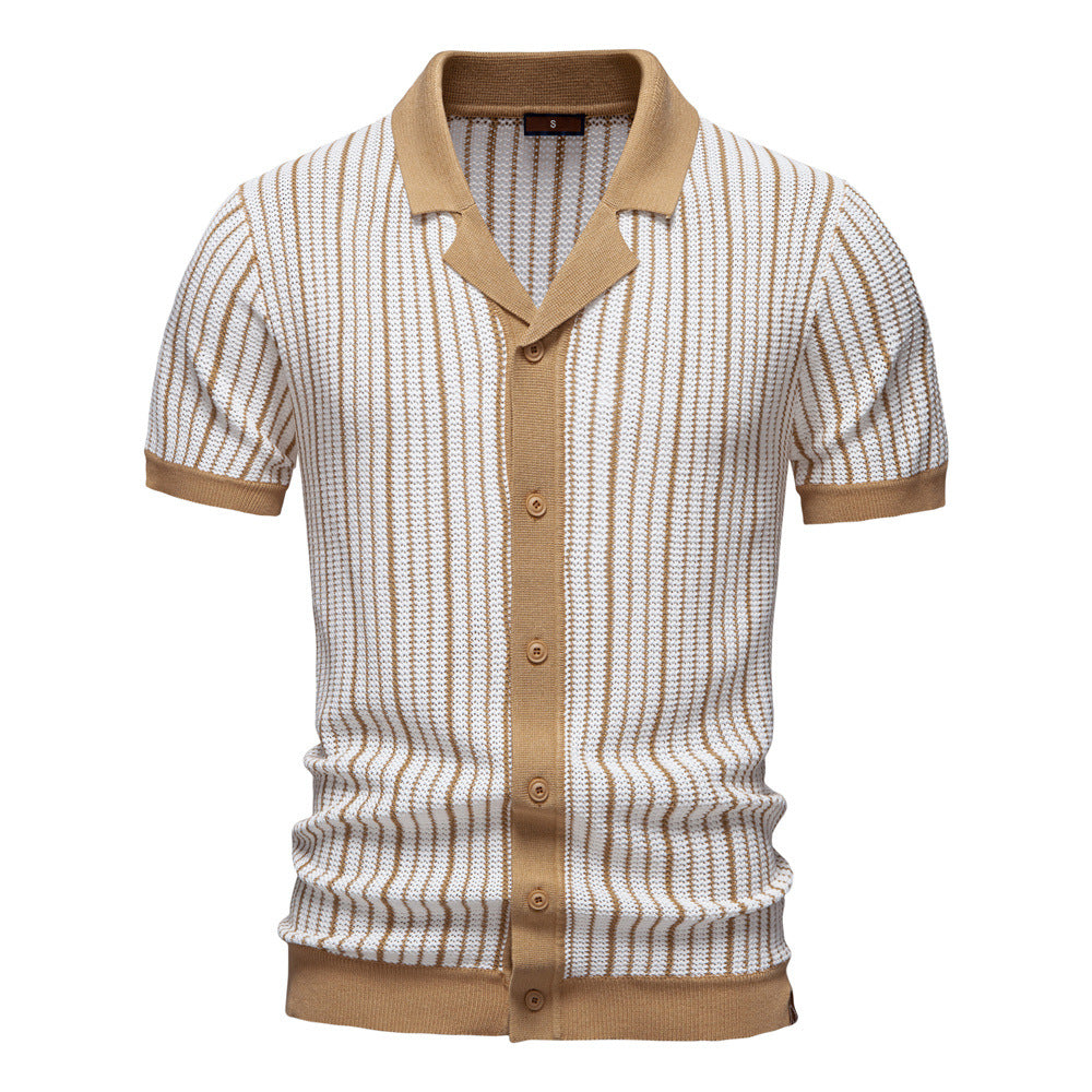 Striped men's short sleeve polo shirt featuring a vertical pattern. Button-front design, perfect for men's casual wear.